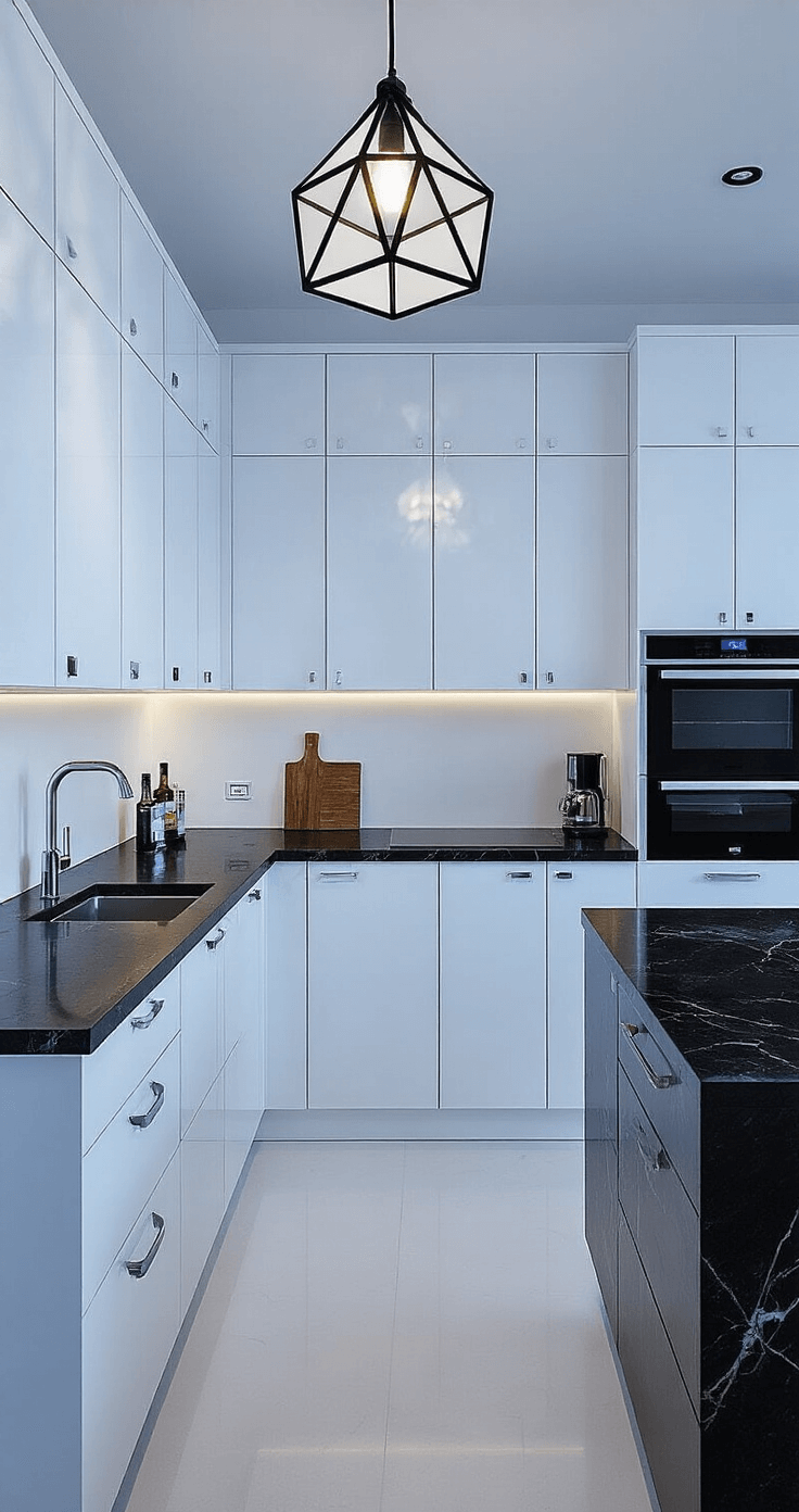 Modern minimalist kitchen with white shaker cabinets reflecting ambient light, black granite countertops, geometric pendant light casting shadows, and sleek stainless appliances, shot from an elevated angle highlighting clean lines.