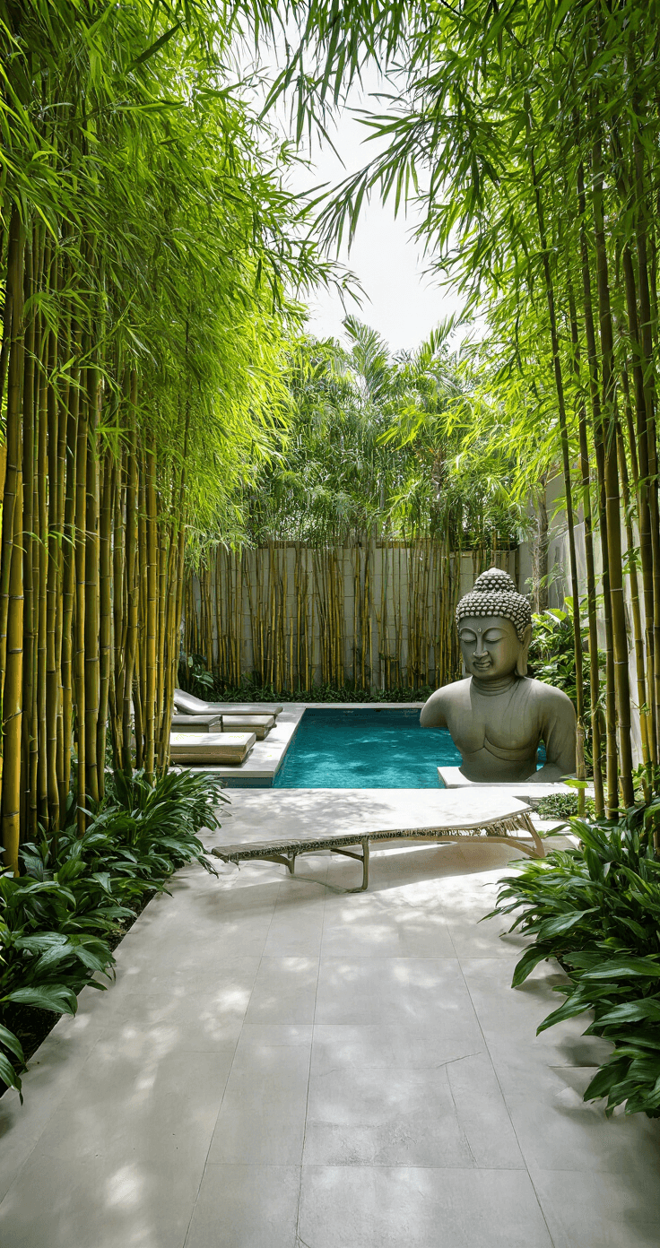 A serene tropical poolside sanctuary featuring giant Buddha belly bamboo for privacy, white limestone tiles, contemporary loungers, and water features with bamboo spouts, captured from pool level mid-morning.