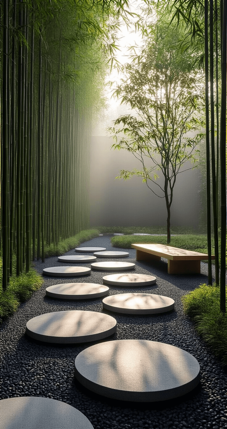 A serene minimalist meditation garden at dawn featuring arrow bamboo in a monochromatic layout, floating concrete stepping stones on black pebble ground, a single specimen tree as the focal point, and a modern bleached teak bench, all captured from ground level with soft morning light and ethereal fog casting bamboo shadow patterns on the light gravel.