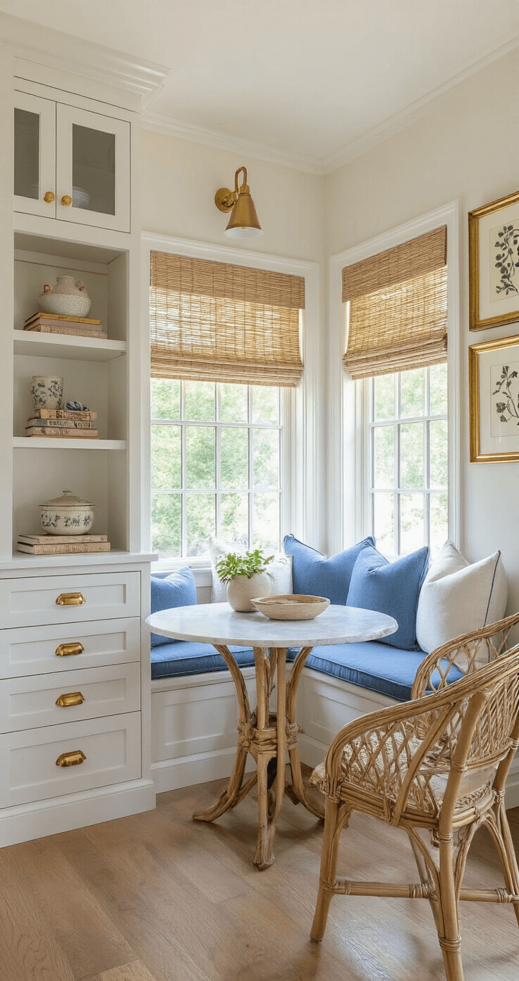 A sunlit breakfast nook with white shaker cabinets, brass pulls, a cozy window seat with French blue cushions, and vintage botanical prints on the walls, featuring a round marble bistro table at the center.