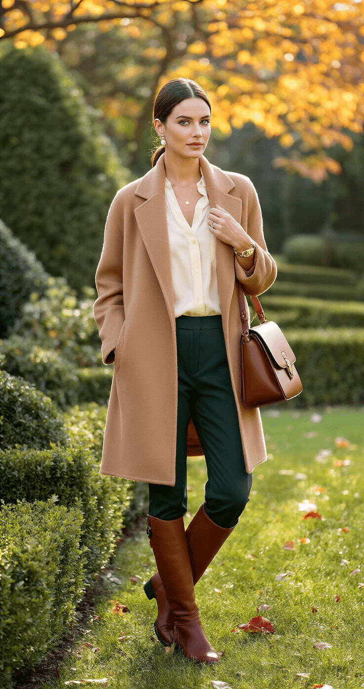A woman in a camel cashmere wrap coat and cream silk blouse, paired with dark green wool pants and brown suede riding boots, stands in a manicured garden on a crisp autumn morning. Her hair is in a sleek low bun, and she wears minimal jewelry, including pearl studs and a delicate gold watch. The image is captured from slightly below eye level with morning sunlight filtering through the trees.