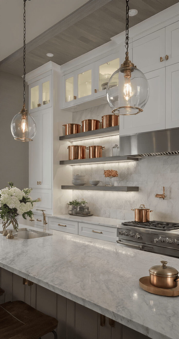 Professional kitchen at dusk with white shaker cabinets, brass hardware, a large quartzite island, industrial glass pendants, and copper cookware on open shelving, illuminated with artificial lighting.