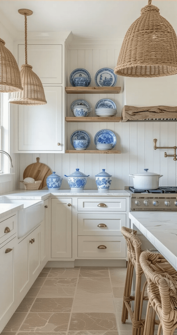 A coastal cottage kitchen bathed in mid-morning light, featuring white shaker cabinets with seaglass knobs, a beadboard backsplash, and open shelving showcasing blue and white chinaware. Nautical accents include rope pendant lights and driftwood decor. Honed limestone counters with fossil details complete the light and airy atmosphere, with a color palette of crisp white, ocean blues, and natural beige.