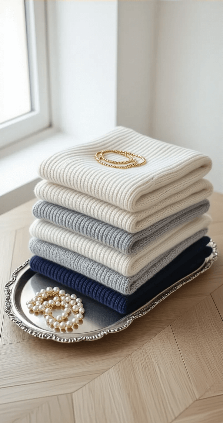 Close-up of neatly stacked neutral-toned cashmere sweaters in cream, gray, and navy, with a vintage silver tray displaying gold and pearl jewelry, shot from above in a modern minimal studio with soft natural light.