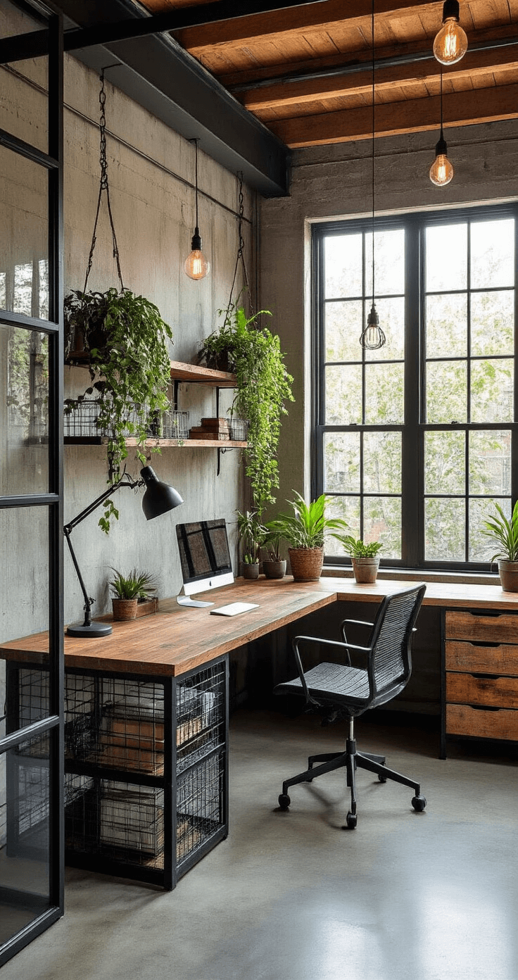 A modern industrial garden workspace featuring polished concrete floors, exposed steel beams, and full wall black-framed windows. A custom L-shaped desk made of metal and reclaimed wood is in the corner, accompanied by wire mesh storage units and vintage task lamps. Trailing plants hang from ceiling planters, while warm wood, charcoal, and rust colors create a creative, energetic atmosphere. Natural light is complemented by Edison bulb fixtures.