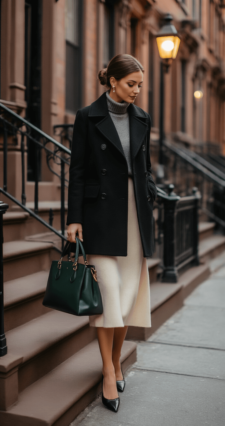A woman in a black wool peacoat, gray cashmere turtleneck, and cream wool midi skirt descends the historic brownstone stoop at dusk, wearing black leather flats and carrying a structured dark green leather bag. Her hair is styled in a French twist, with a strand of pearls visible, all set against warm evening light and architectural details captured from street level.