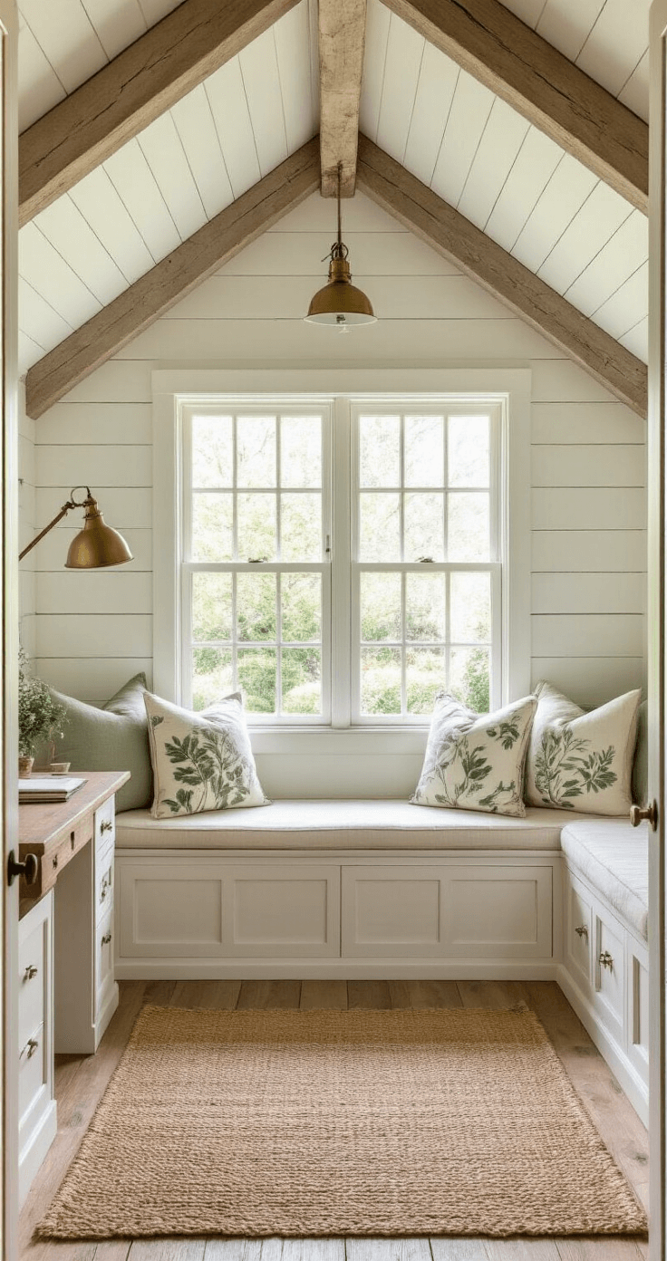 Cozy cottage garden office with whitewashed shiplap walls, exposed beams, and vintage writing desk, featuring a built-in window seat with botanical print cushions, all bathed in soft morning light.