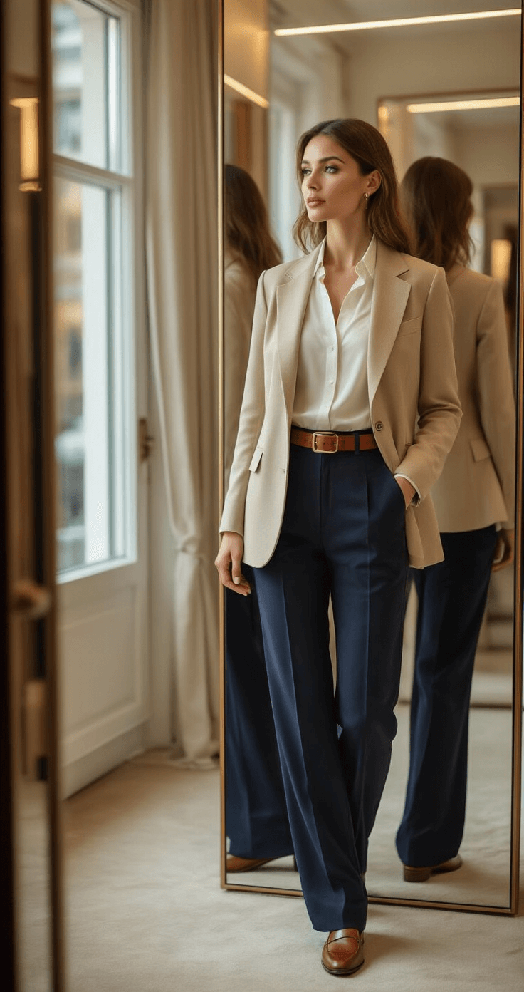 A woman admires herself in a three-way mirror while trying on a tailored beige wool blazer, complemented by a white silk blouse and high-waisted navy trousers, with brown leather loafers visible. The dressing room is illuminated by natural light and warm boutique lighting, showcasing the rich fabric textures.