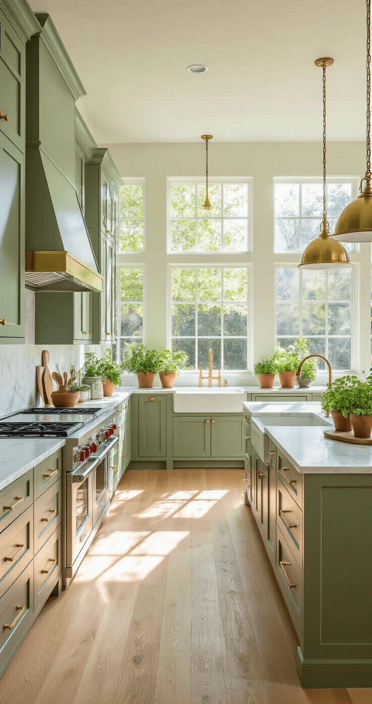 A sunlit contemporary kitchen featuring sage green shaker cabinets with brass hardware, white Carrara marble countertops, and a large island adorned with fresh herbs in terracotta pots, set against warm white oak flooring and illuminated by natural daylight from floor-to-ceiling windows.