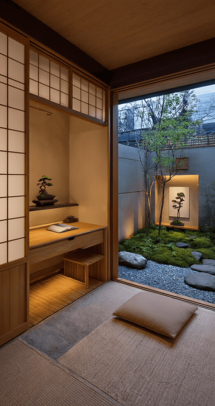 A serene zen-inspired garden retreat at dusk, featuring sliding shoji screens, a stone garden, bamboo desk, floor cushions, built-in cedar storage, an indoor rock garden with moss, rice paper pendant lights, and a bonsai display, all bathed in soft ambient lighting for a peaceful, meditative atmosphere.