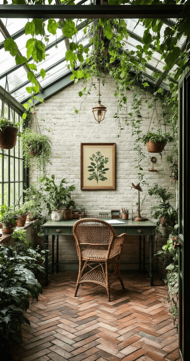 A converted greenhouse office in morning mist, featuring antique metal framework, a Victorian-style desk, trailing vines, and hanging plants, with herringbone brick flooring and vintage botanical prints on a whitewashed wall. A rattan peacock chair and brass details accentuate the rich greens and earth tones, illuminated by filtered natural light through the glass. The elevated perspective showcases the geometric patterns of the framework.