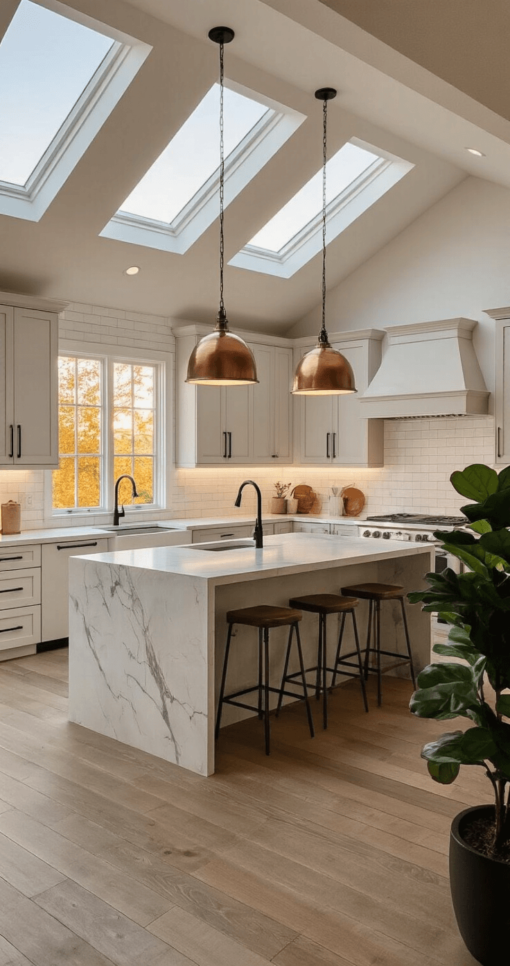 An L-shaped kitchen at golden hour features October Mist cabinets with matte black handles, a waterfall quartz island with aged copper pendant lights above, and a white subway tile backsplash. A dark potted fiddle leaf fig adds height in the corner, while warm sunset glow from skylights creates an inviting atmosphere.