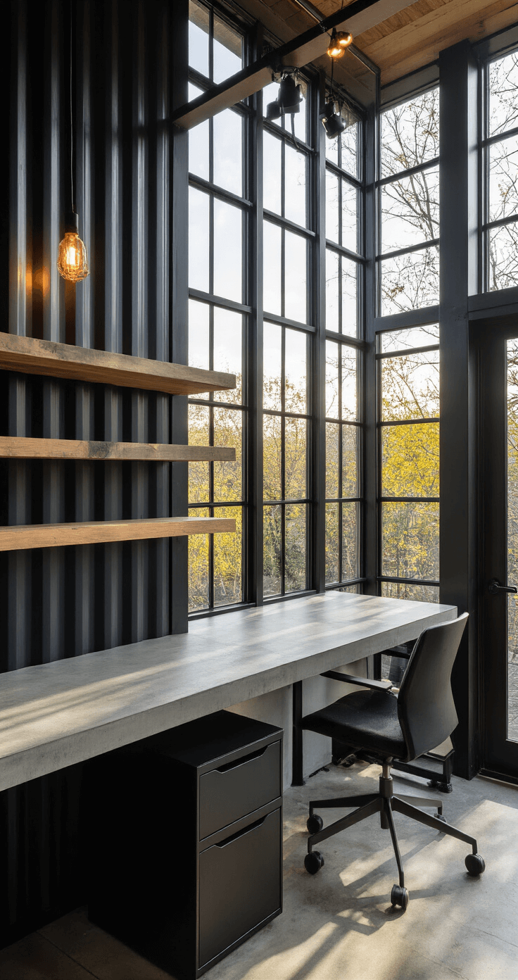 A modern shipping container office studio featuring matte black marine-grade steel walls, a full wall of industrial windows, a concrete floating desk, and a modular storage wall, all highlighted by warm wood tones and dramatic lighting.