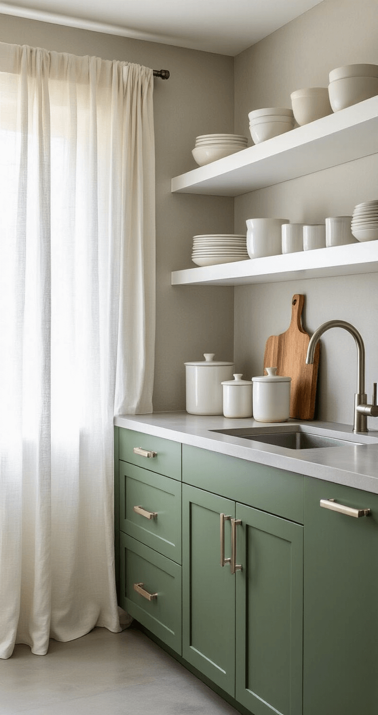 A minimalist galley kitchen featuring Flora green lower cabinets, white floating upper shelves, concrete countertops, and brushed nickel hardware, illuminated by soft morning light filtering through sheer linen curtains, with white ceramic vessels and natural wood cutting boards adding a contemporary touch.