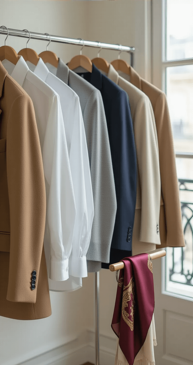 Bright airy Parisian-style apartment interior showcasing a curated capsule wardrobe rack with white oxford shirts, a camel hair coat, navy blazer, and neutral cashmere sweaters; polished wooden hangers and a vintage Hermès silk scarf draped on a valet stand, all bathed in mid-morning light through floor-to-ceiling windows, with a soft bokeh background.