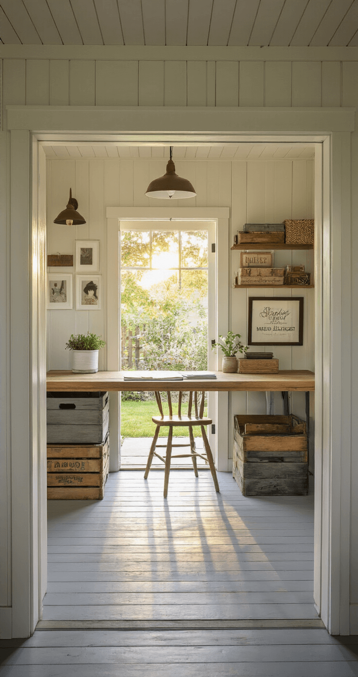 A cozy 100 sq ft converted shed workspace at sunrise, featuring a board and batten exterior, French doors opening to a garden path, an upcycled farmhouse table as a desk, open shelving with vintage crates, and soft gray painted wooden floors. A gallery wall with inspirational prints complements the warm whites, sage, and natural wood palette, all illuminated by golden hour lighting streaming through the doorway, creating a cheerful and creative atmosphere.