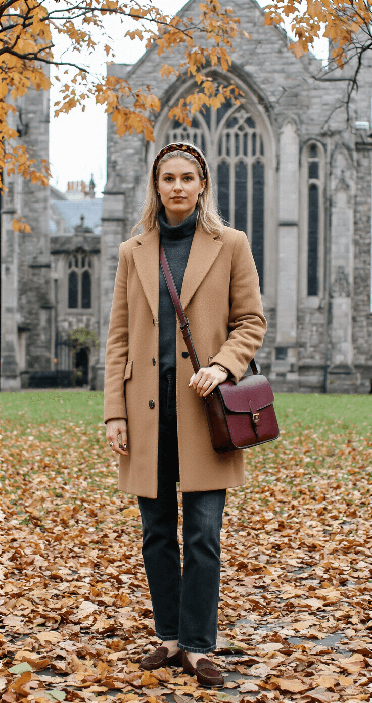 A student in a camel hair coat and charcoal turtleneck stands in a historic New England campus quad on an overcast autumn day, surrounded by fallen leaves and gothic architecture, carrying a burgundy leather messenger bag and wearing minimal gold jewelry and a tortoiseshell headband.