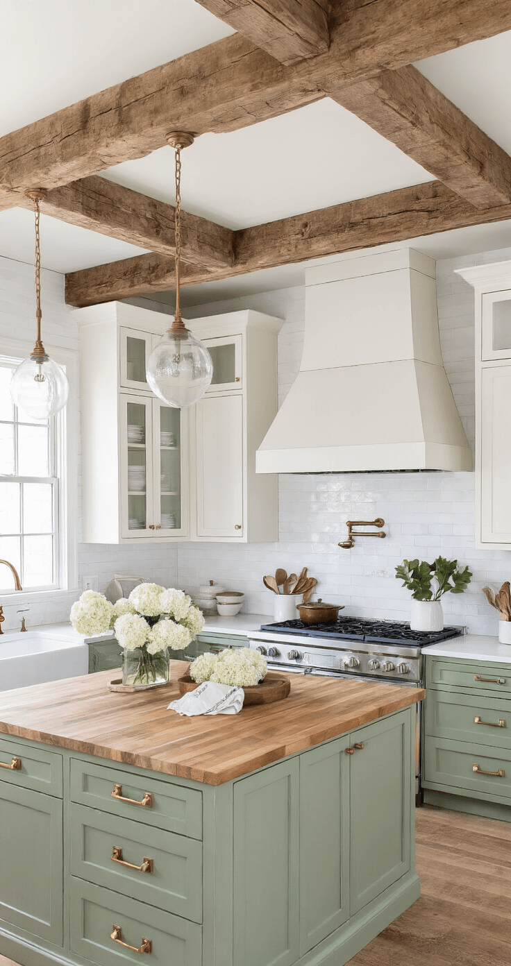 Modern farmhouse kitchen featuring sage green lower cabinets, white upper cabinets, exposed wooden beams, antique brass hardware, and milk glass pendant lights. A butcher block island topped with white hydrangeas is central to the layout, bathed in diffused natural light and warm spotlighting, creating a rustic refined atmosphere.