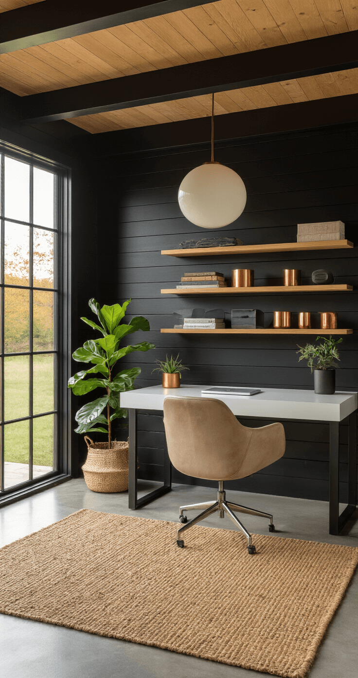 Modern home office interior in a shed, featuring a white desk, Herman Miller chair, black-stained shiplap walls, and floating shelves with copper accessories, illuminated by golden hour light through large windows. A Danish pendant light hangs above a jute rug on polished concrete floors, with a fiddle leaf fig in the corner and a focus on natural materials in earth tones.