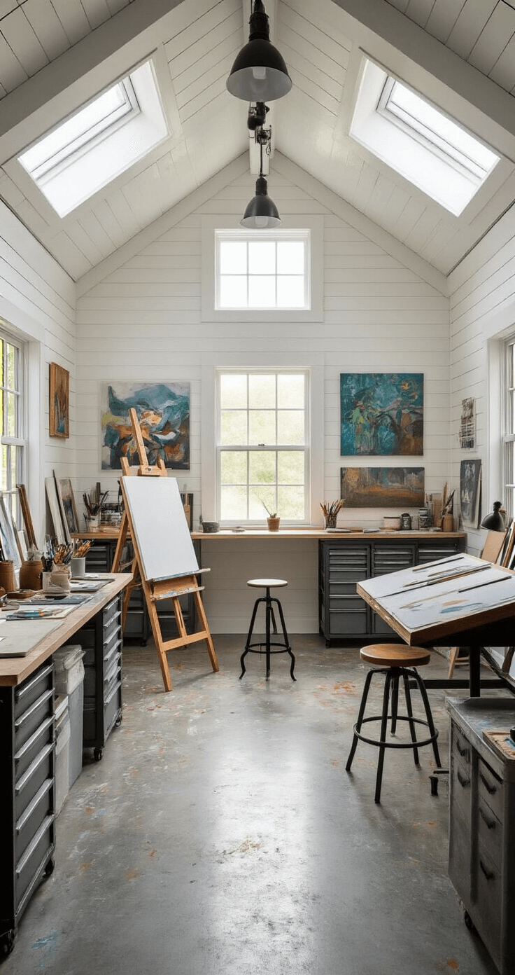 Wide-angle view of a 14x20ft art studio shed featuring white walls displaying artwork, a central easel by a north-facing window, industrial storage units, paint-splattered concrete floors, a vintage drafting table with a modern stool, and exposed matte black ductwork, all illuminated by morning light and warm artificial lighting.