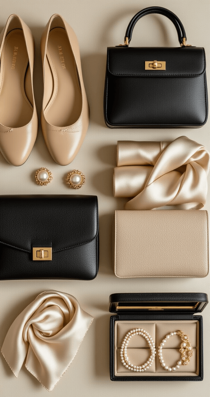 Close-up of a sunlit master closet featuring neatly arranged leather ballet flats in nude and black, structured neutral handbags, precisely rolled silk scarves, and delicate gold and pearl jewelry in leather cases, captured overhead with a macro lens to emphasize texture and quality.