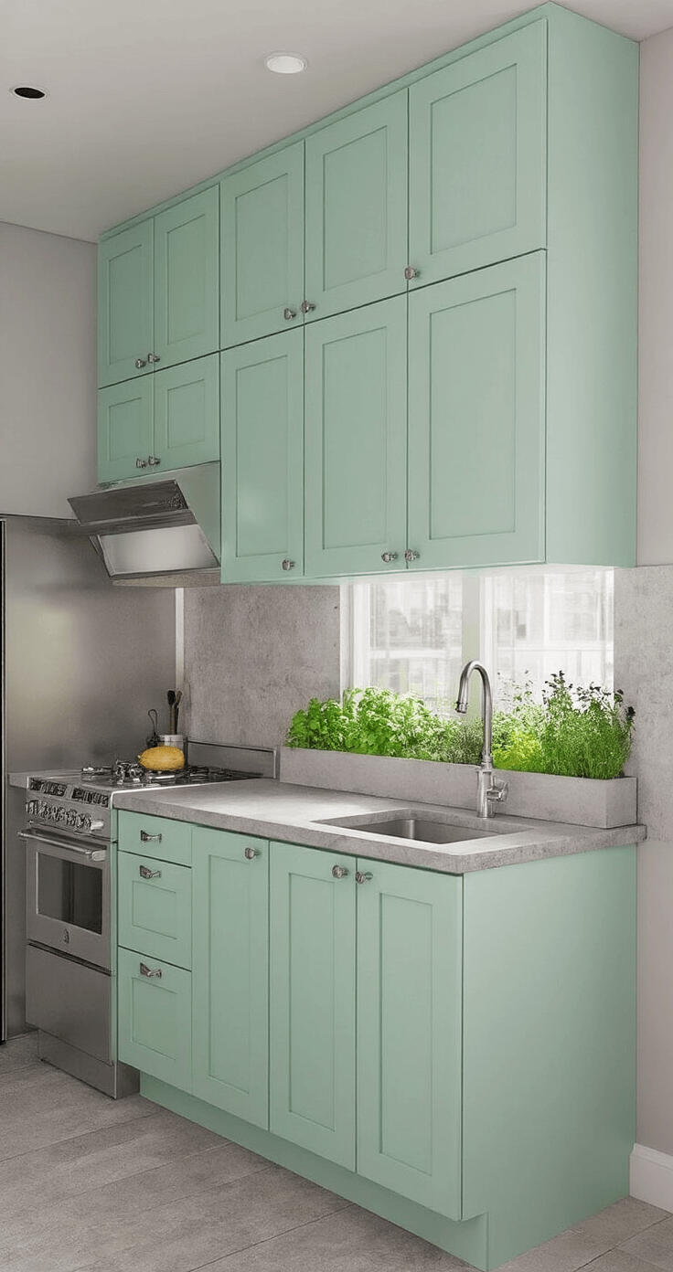 A compact urban kitchen measuring 10x12ft with mint green cabinets, light gray walls, floor-to-ceiling storage, stainless steel appliances, and concrete countertops. A herb garden on the window sill and afternoon sunlight with cool LED highlights create a modern oasis atmosphere.