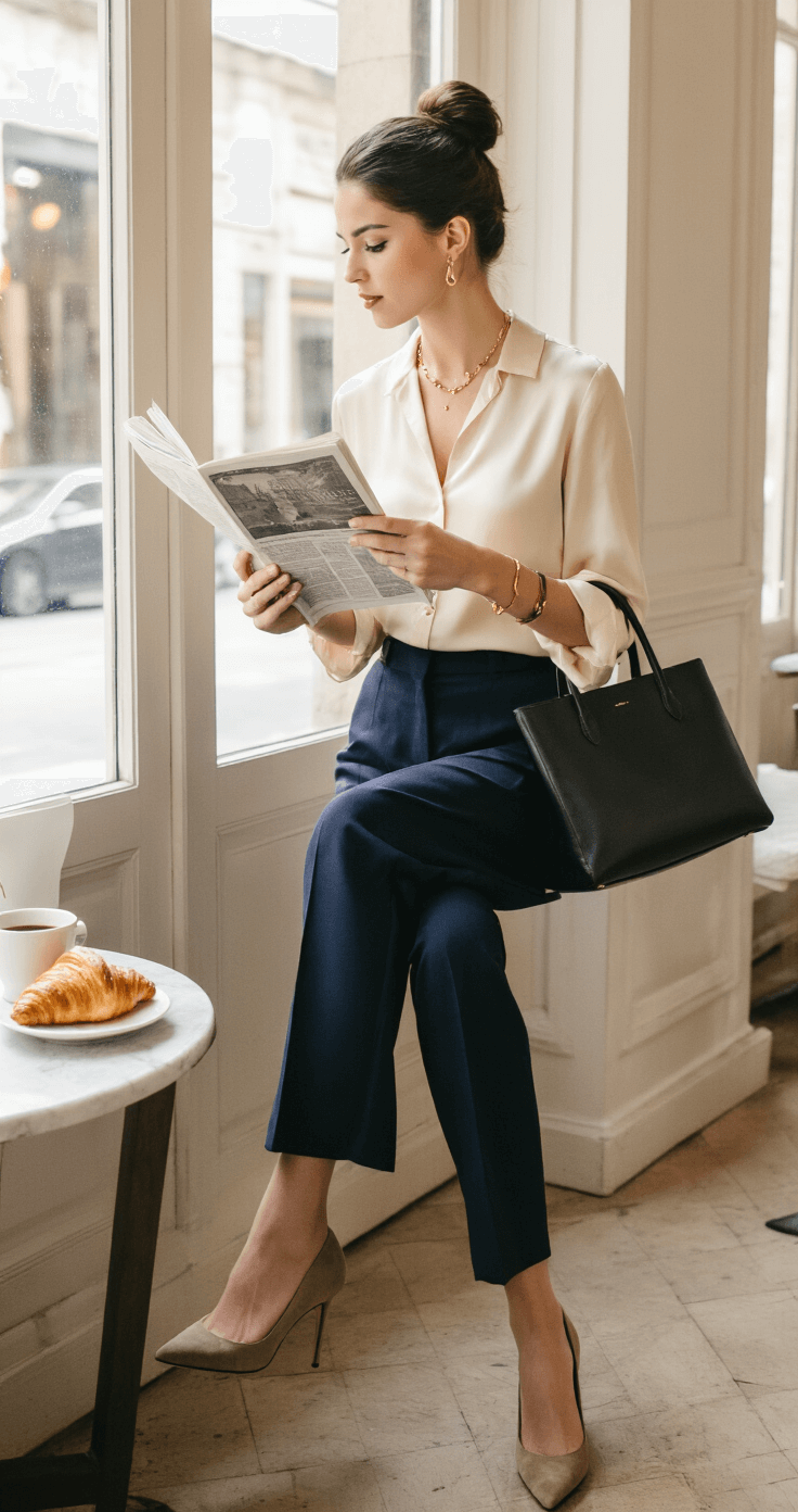 A stylish woman in a cream silk blouse and high-waisted navy trousers reads a newspaper in an upscale cafe bathed in soft afternoon light. She has a sleek chignon, wears minimal gold jewelry, and rests a coffee cup next to an elegantly arranged croissant. The scene captures the cozy ambiance and chic details of her outfit and surroundings.