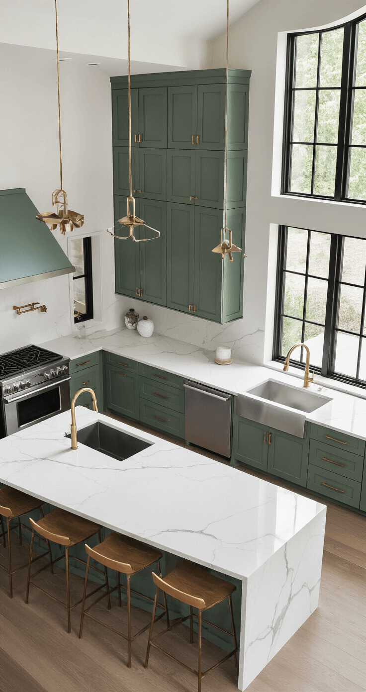A luxurious open-concept kitchen measuring 18x22ft features silvery green cabinets extending into the living area, double islands with white quartz waterfall edges, and dramatic black steel-framed windows. Mixed metallic fixtures in gold and silver enhance the contemporary design, illuminated by natural light and architectural accent lighting, captured from an elevated viewpoint to showcase the flow between spaces.