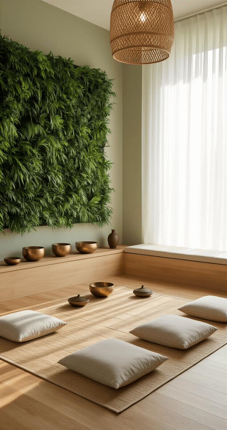 Low-angle view of a serene meditation space at dawn, featuring bamboo flooring, minimal furnishings, a living wall, and soft lighting that highlights geometric shadows and a calm atmosphere.