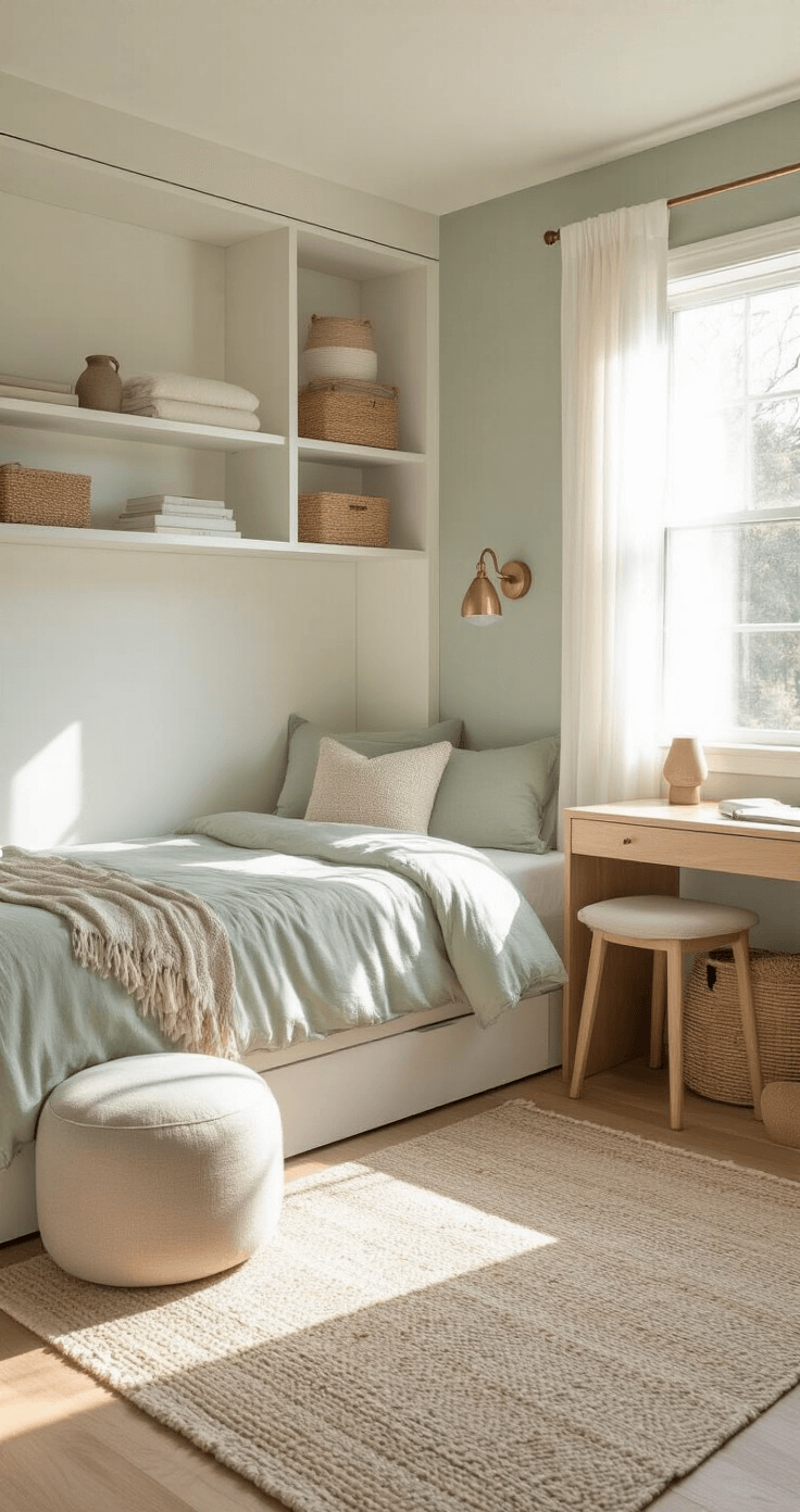Interior of a compact 10x12ft bedroom with a Murphy bed against a white wall, built-in shelving, a fold-down light oak desk beneath a large window with sheer curtains, and a muted sage green and cream color palette. The room features a multifunctional light linen ottoman, metallic accents from modern sconces, and layered textures from a wool rug, woven baskets, and cotton bedding, all bathed in morning sunlight.