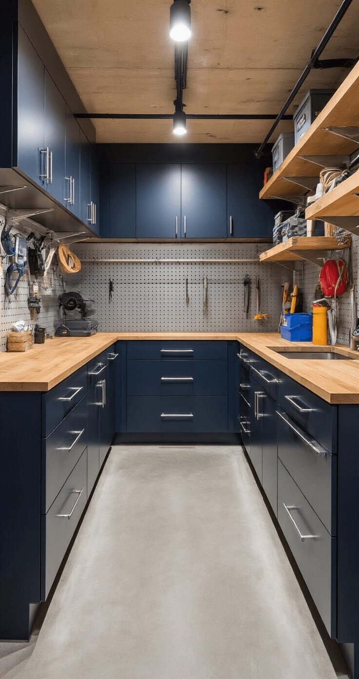 A modern storage space at a 45-degree angle, featuring custom floor-to-ceiling matte navy cabinets, polished concrete floors, and organized zones for tools and sports equipment, with brushed aluminum pegboard and an industrial ceiling rack system, showcasing a sleek color scheme of navy, silver, warm woods, and concrete gray.