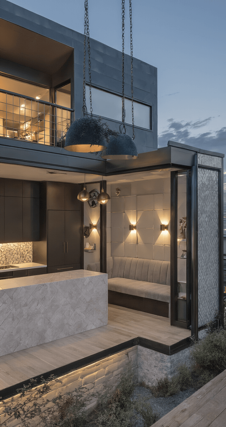 Eye-level view of a modern micro-living space at dusk, featuring a murphy bed with integrated sofa in performance velvet, a kitchenette with waterfall quartz countertop, geometric tile backsplash, hidden storage, and ambient lighting from modern sconces and a dramatic pendant over a dining nook, with a color palette of charcoal, ivory, and brass accents.