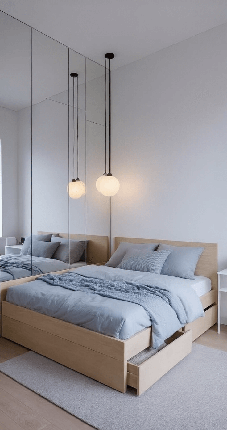 Low-angle twilight shot of a petite bedroom with floor-to-ceiling mirrors, a platform bed with blonde wood and hidden drawers, soft ambient light from frosted glass pendant lamps, geometric white floating shelves, and pale blue and gray textiles on crisp white walls.