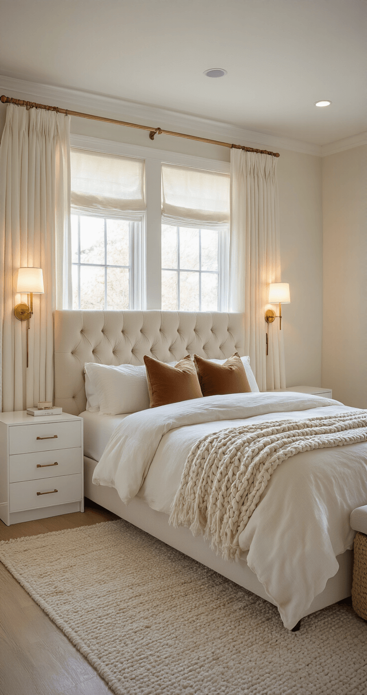 Cozy 9x11ft bedroom at golden hour with tufted cream linen headboard, wall-mounted sconces, custom white lacquer nightstands with charging stations, floor-to-ceiling ivory drapes, brass hardware accents, and layered lighting including a floor lamp, featuring velvet pillows and a chunky knit throw.