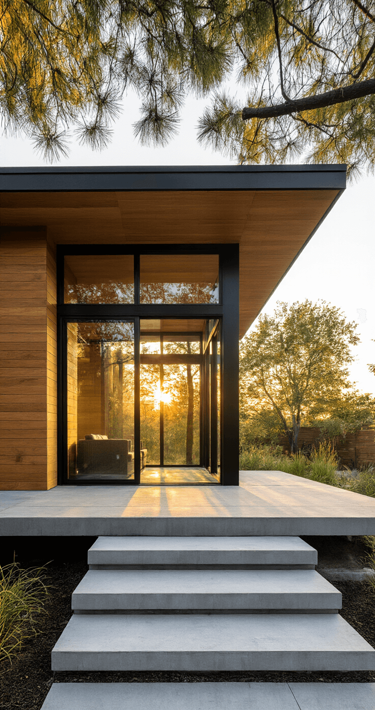 Low-angle golden hour view of a modern shed with a black metal single-slope roof, floor-to-ceiling windows reflecting the sunset, cedar and black metal cladding, and floating concrete steps leading to a glass door, framed by native landscaping and dramatic shadows.