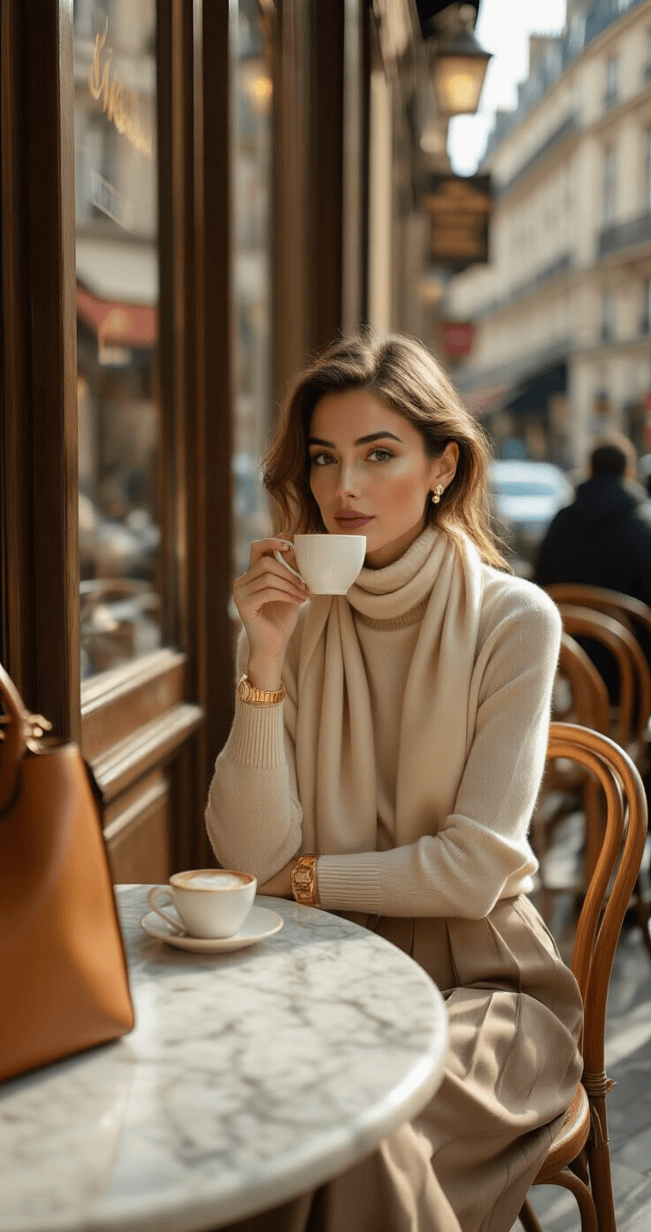 A woman in a cream cashmere turtleneck and pleated wool trousers sits at a marble table in a Parisian-style cafe, holding an espresso cup. She has pearl stud earrings and a muted ivory and taupe silk scarf around her neck, with a tan leather tote by her side, all illuminated by soft afternoon light.