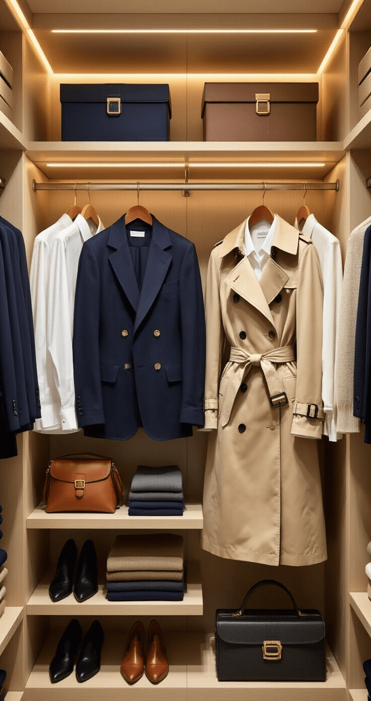 A luxurious walk-in closet featuring curated racks of tailored blazers, white shirts, and cashmere sweaters, with a focal point on a Burberry-inspired trench coat, silk blouses, and wool skirts, complemented by cognac and black leather accessories, all under warm ambient lighting.