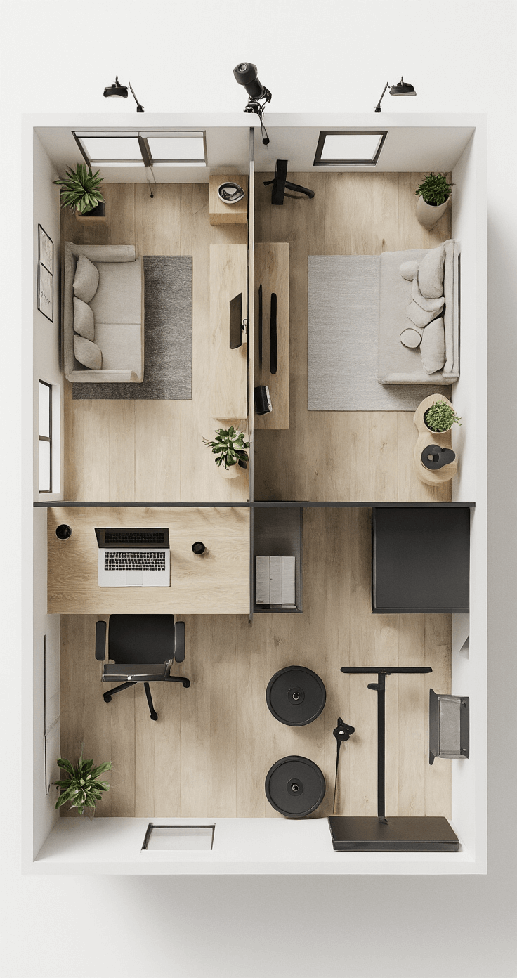 Bird's eye view of a split-purpose workspace, featuring a home office with an ergonomic workstation on one side and a fitness area with mirrors and rubber flooring on the other. A custom room divider made of white oak and frosted glass separates the two zones, with integrated storage solutions and LED track lighting highlighting each area. The color scheme includes warm whites, pale oak, and matte black accents.