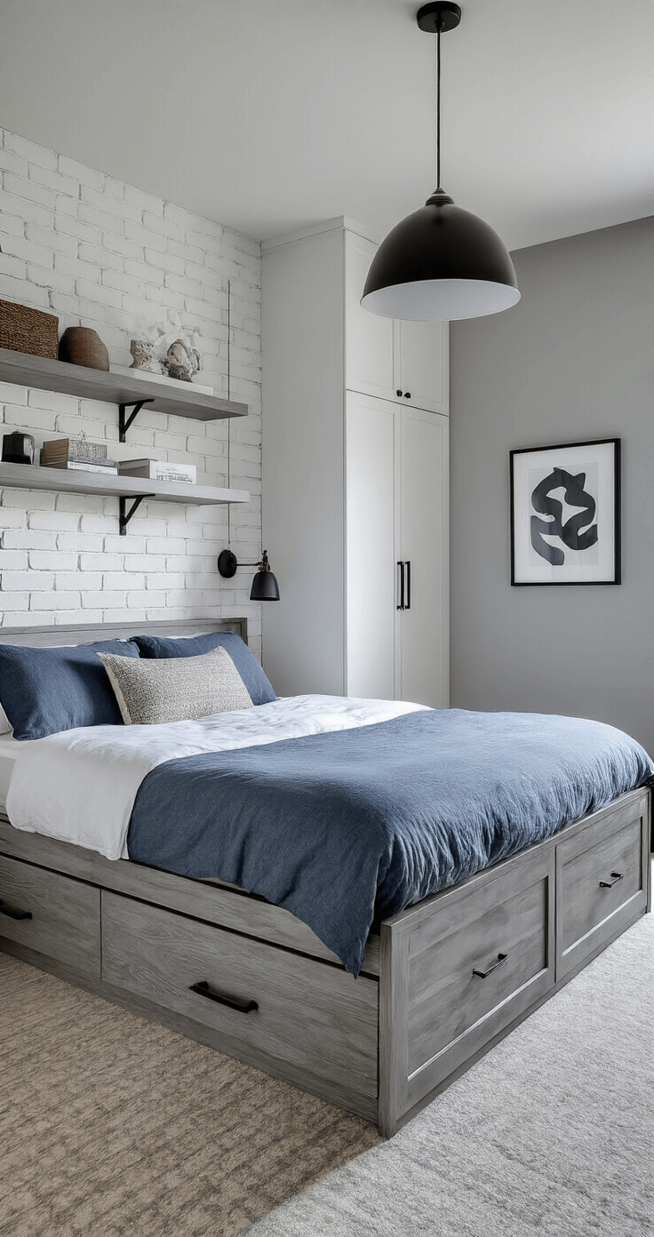 A wide-angle dusk shot of a small bedroom featuring a zigzag pattern of white floating shelves on a brick wall, a queen bed with weathered gray storage drawers, and a behind-door organization system with mirrors. The cool-toned color palette includes slate blue, silver, and white, illuminated by a modern pendant light casting dramatic shadows, complemented by minimalist black-framed artwork.