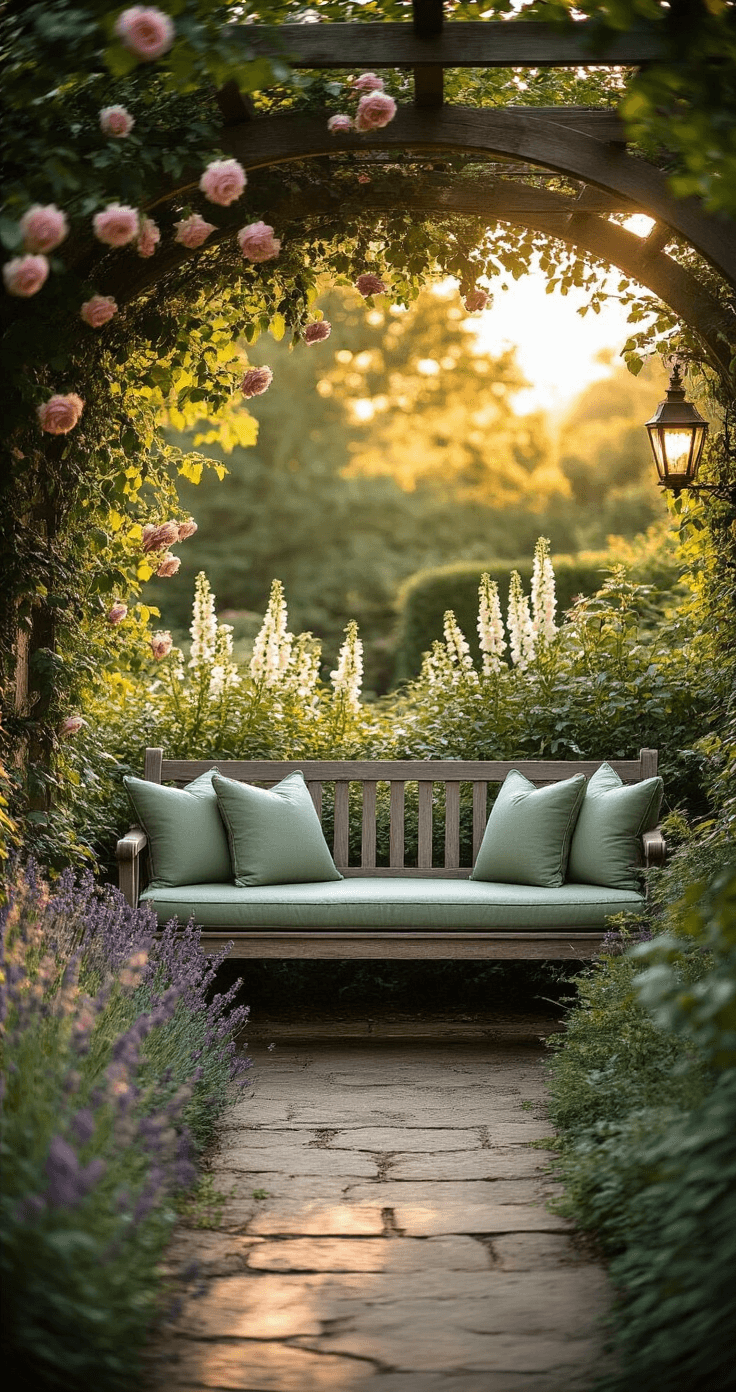A serene English garden at golden hour featuring a weathered teak bench in a curved alcove, surrounded by climbing roses and wisteria on a stone wall, dappled sunlight from an overhead pergola, flanked by foxgloves and lavender, with aged copper lanterns and soft sage green cushions, captured from a low angle for depth.