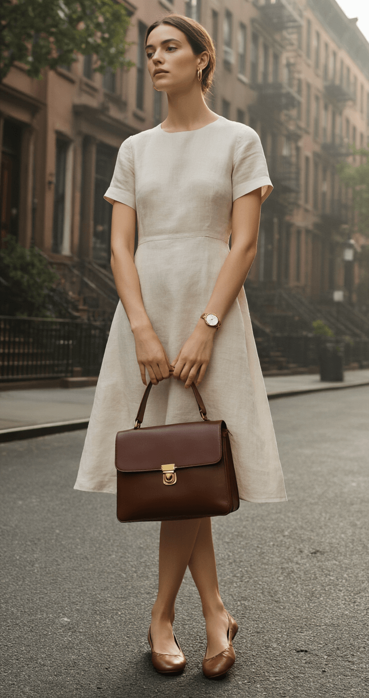 A model in an ivory knee-length linen dress and chocolate brown leather satchel stands at a misty Greenwich Village street corner at dawn, framed by historic brownstones and tree-lined streets, with simple gold hoops and a vintage watch accentuating her sophisticated look.