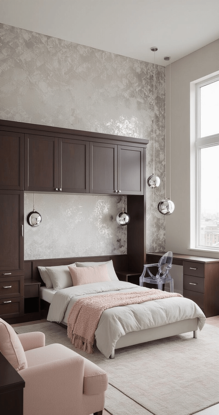 Elevated view of a modern 11x11ft bedroom featuring a Murphy bed system in espresso finish, integrated desk, and shelving. The room has reflective mercury glass lamps, metallic wallpaper, and a transparent acrylic chair. Decorated in a light gray and blush pink palette with chrome accents, strategic mirrors enhance natural light, while geometric patterns in textiles add minimal styling.