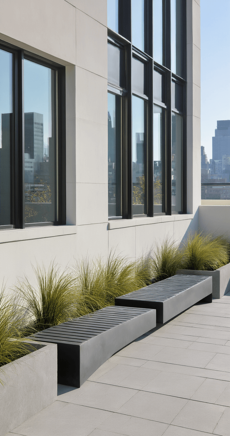 A minimalist black powder-coated steel bench hovers above light grey limestone pavers in a modern rooftop garden, surrounded by geometric concrete planters with architectural grasses. Late morning light casts high contrast shadows, while floor-to-ceiling windows reflect the cityscape. The composition emphasizes urban sophistication and symmetry.