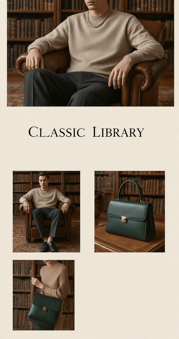A person seated in a leather armchair in a classic library, wearing charcoal wool trousers and an oatmeal cashmere sweater, accessorized with a gold chain necklace and a simple band ring, complemented by black leather loafers and a deep green structured handbag, all illuminated by warm, moody ambient light that highlights the textures.