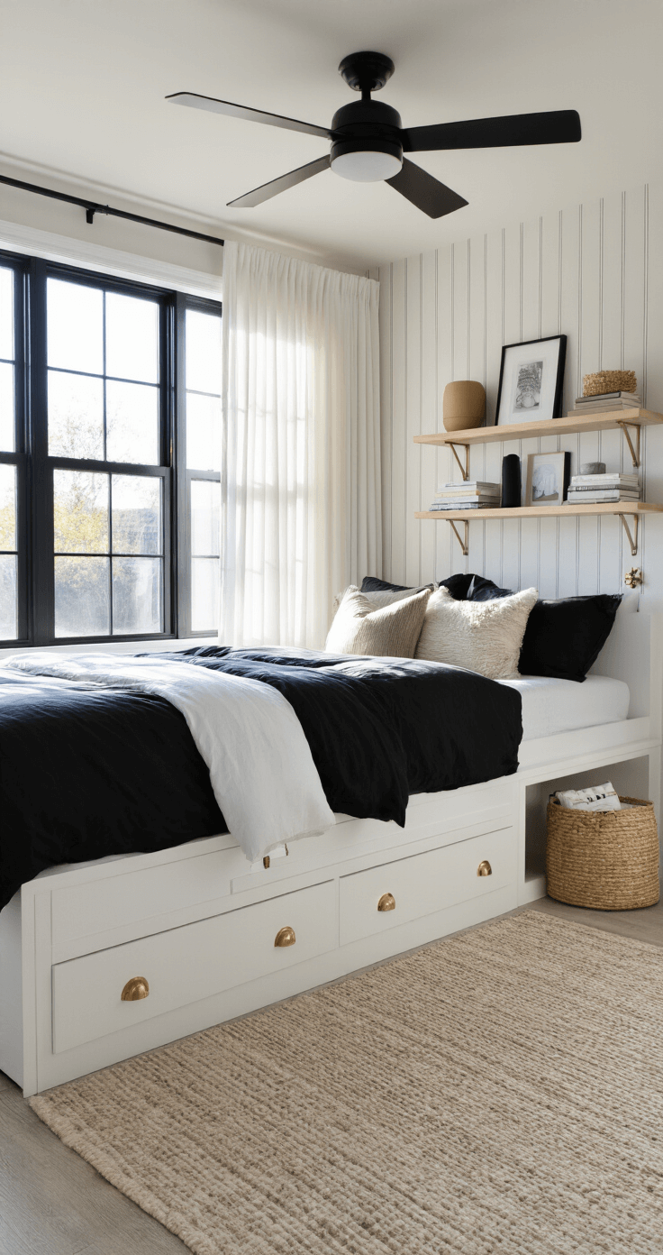Ground-level view of a modern 9x10ft bedroom featuring white under-bed storage with brass pulls, floating nightstands, and black industrial-style windows framed by white curtains. The room has vertical stripe wallpaper and a neutral palette accented with black, white, and tan. A modern ceiling fan with LED light and carefully arranged shelf displays complete the scene.