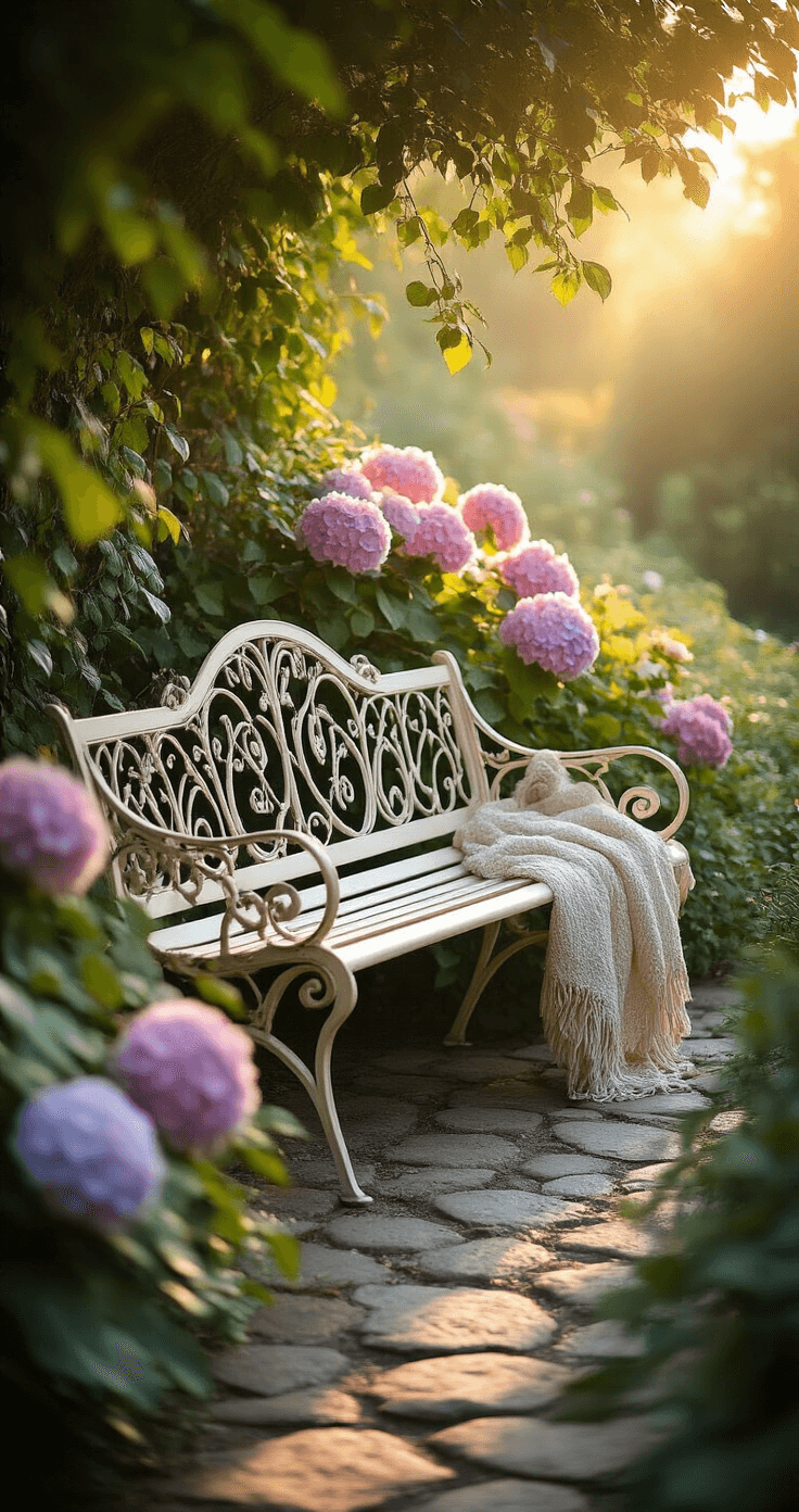 Intimate cottage garden corner at sunrise featuring a vintage wrought iron bench in antique cream surrounded by hydrangeas and climbing clematis, with morning dew on a cobblestone path and a handwoven throw draped over the bench. The image captures warm morning light filtering through the foliage, with a shallow depth of field emphasizing the intricate details of the bench.