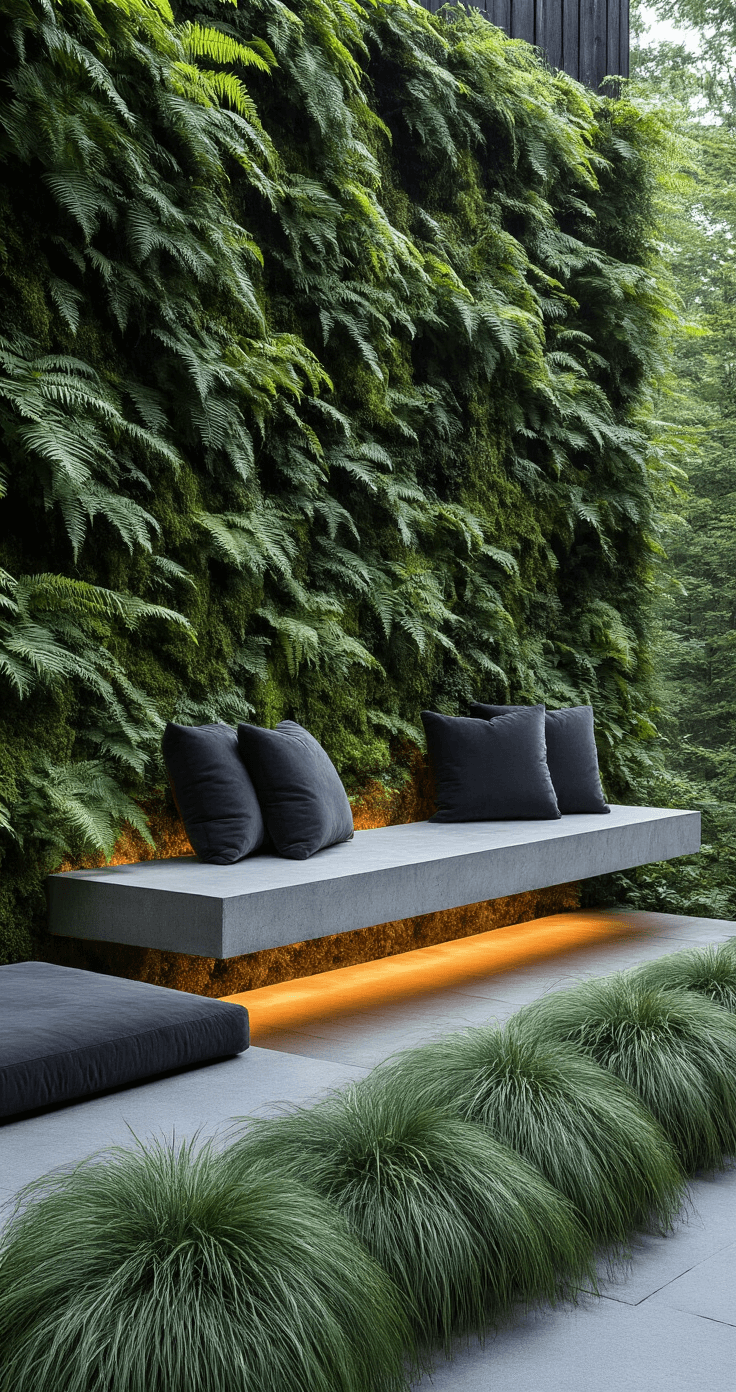 A contemporary woodland retreat featuring a floating concrete bench surrounded by a living wall of ferns and moss, with integrated LED lighting casting a subtle glow. Japanese forest grass cascades at the base of the bench, which is adorned with charcoal gray outdoor velvet cushions. The image is shot from ground level, emphasizing the floating effect, under soft, diffused, overcast lighting that enhances the organic textures, creating a mysterious, zen-like atmosphere.