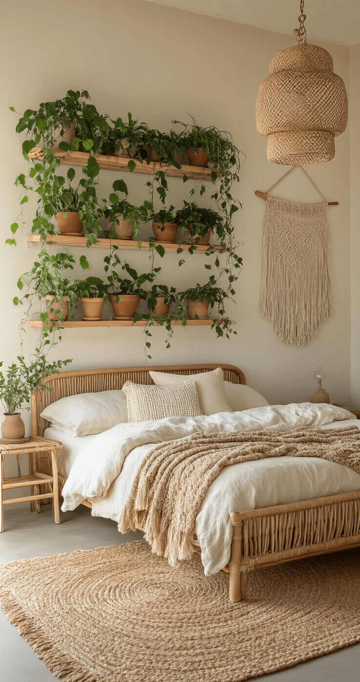 An intimate boho-inspired bedroom featuring a natural rattan bed frame, layered earth-tone linens, and a macramé wall hanging, captured during golden hour. A vertical garden wall with cascading potted plants on wooden shelves and a jute rug anchor the space, while a woven pendant light casts warm shadows.