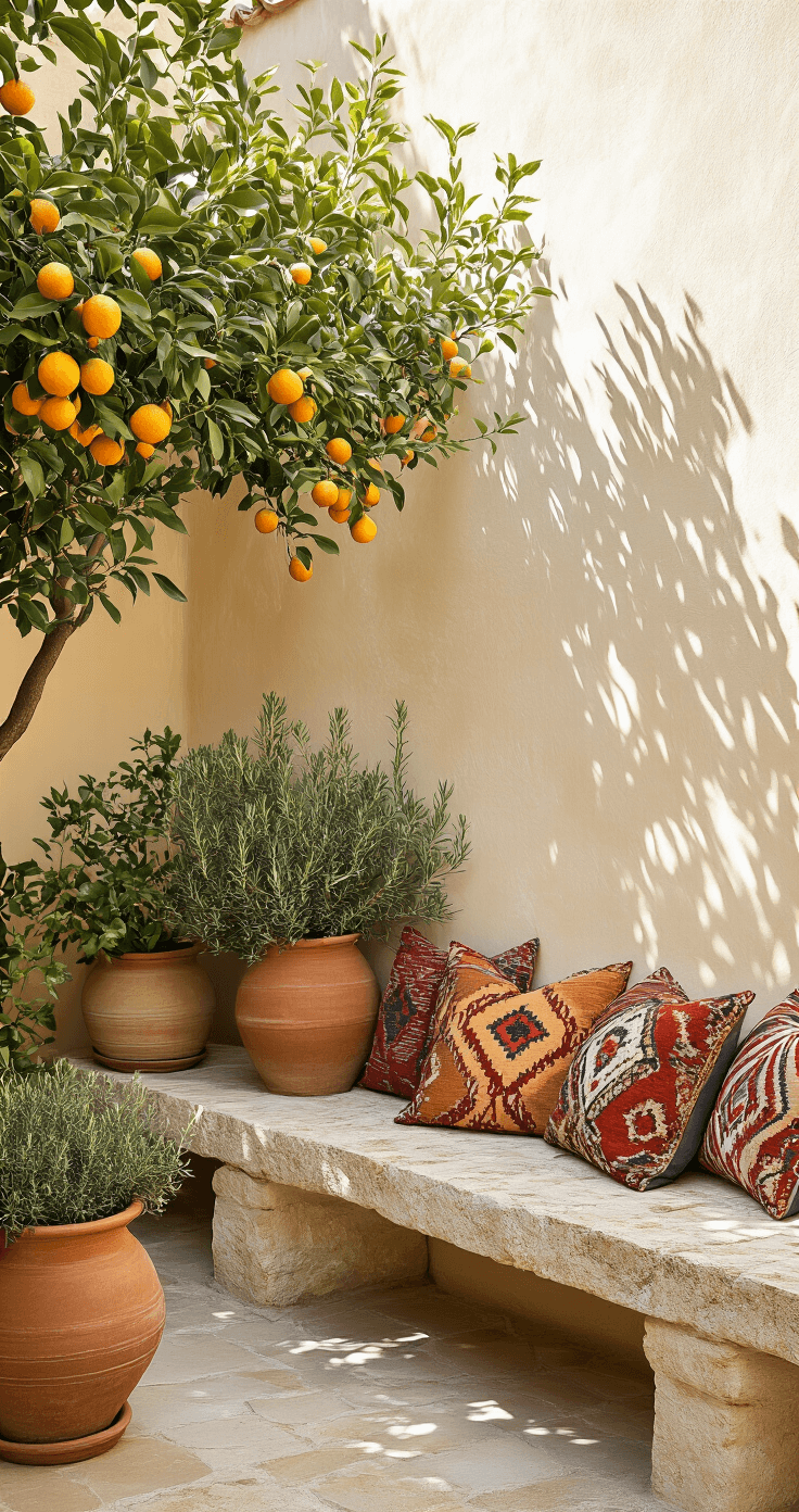 A sun-drenched Mediterranean courtyard featuring a reclaimed stone bench, surrounded by terracotta pots filled with citrus trees and rosemary, against textured cream stucco walls. Rich jewel-toned Turkish kilim pillows accentuate the scene, with the camera capturing long shadows and warm afternoon light to emphasize depth and texture.