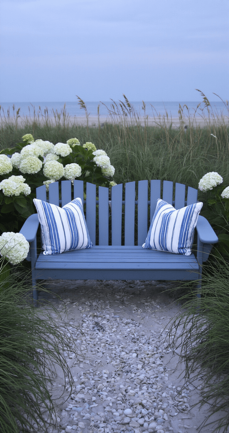 Coastal garden scene at twilight featuring a recycled plastic Adirondack-style bench in weathered blue-grey, surrounded by beach grasses and white hydrangeas, with a shell path leading to the bench and marine-grade rope details. Evening sky reflections and cool-toned lighting create a mood of casual beach elegance.